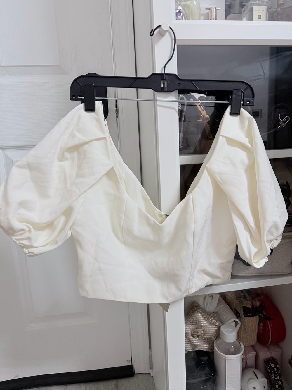 V-Neck Puff Sleeve Crop Top - Cream